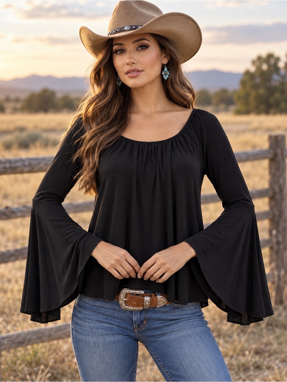 Bailey 44 Black Gathered Scoop Neck Bell Sleeve Top